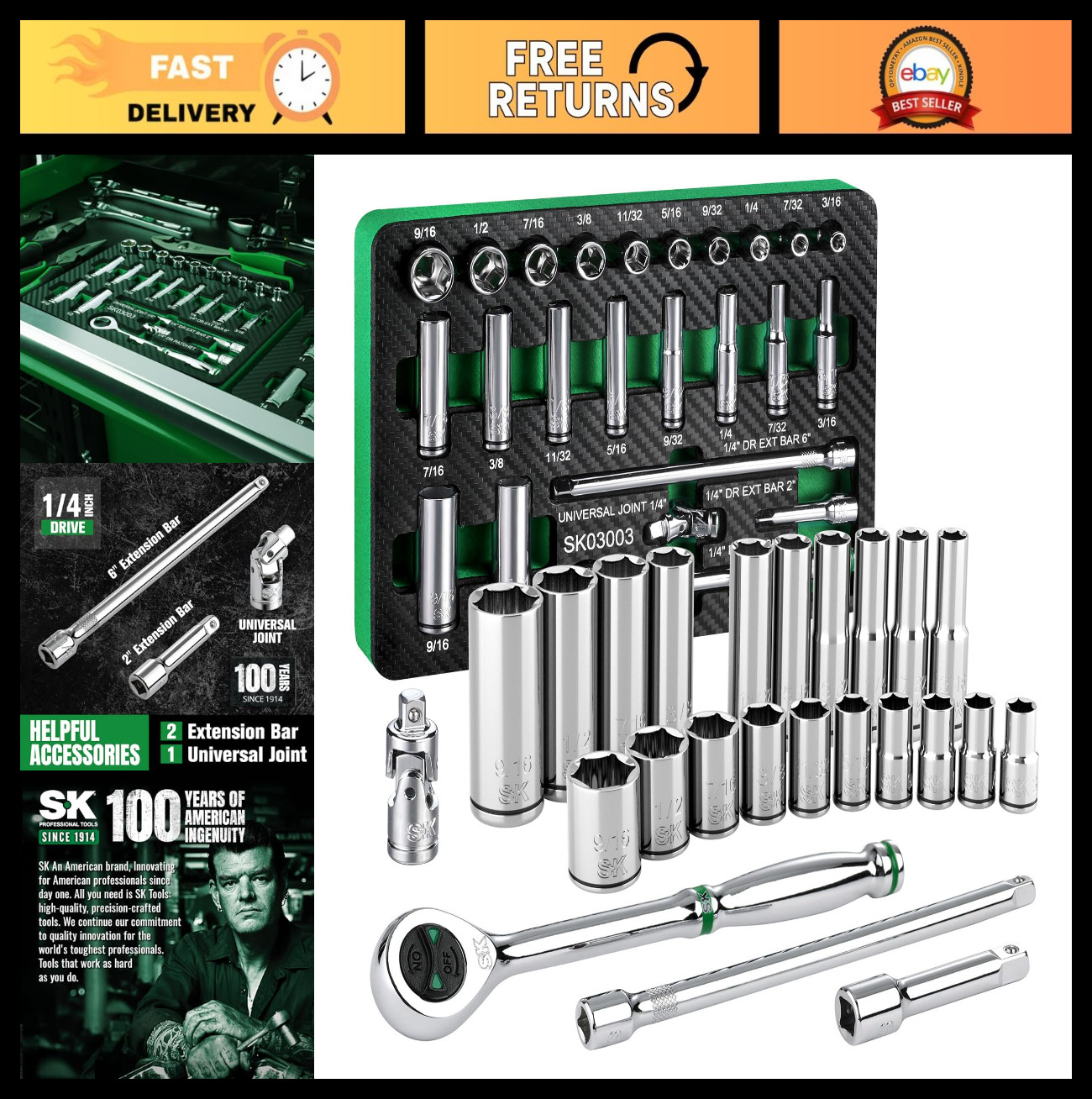 24-Piece 1/4″ Drive Socket Set, SAE, Ratchet, SuperKrome Finish, EVA Organizer