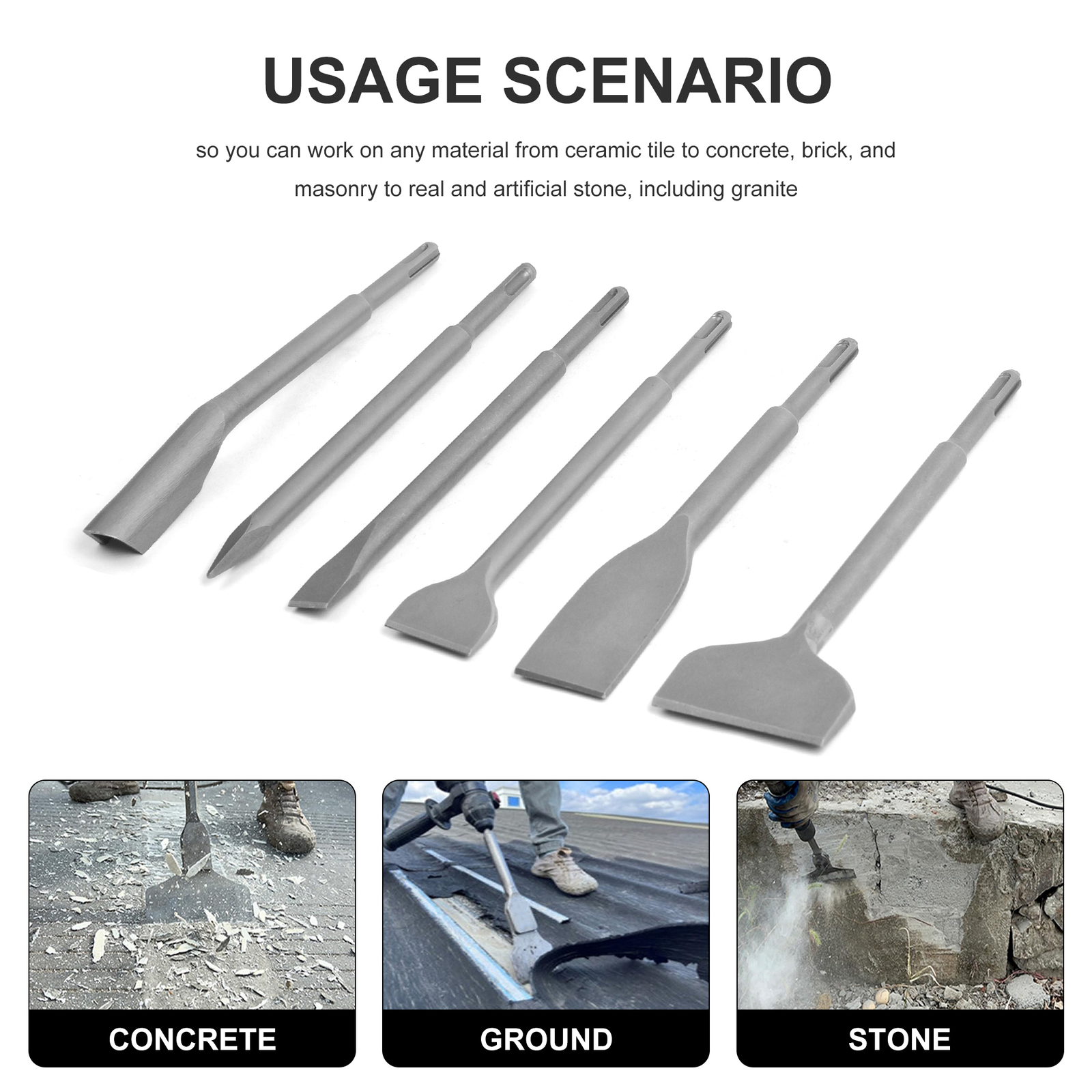 Chisel Kit Masonry Concrete Drill Bits, 40Cr Steel Rotary Hammer Tool 6 in 1 Set