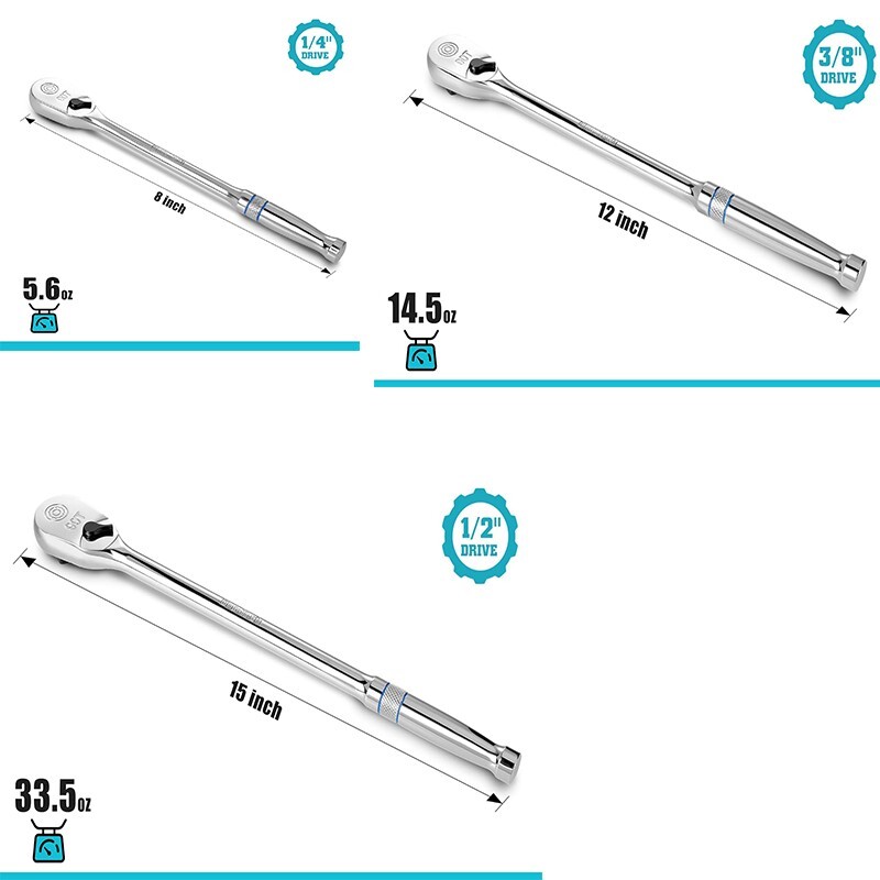 Extra Long Handle 1/4″/3/8″/1/2″ Drive Ratchet Wrench 90Tooth Reversible Ratchet
