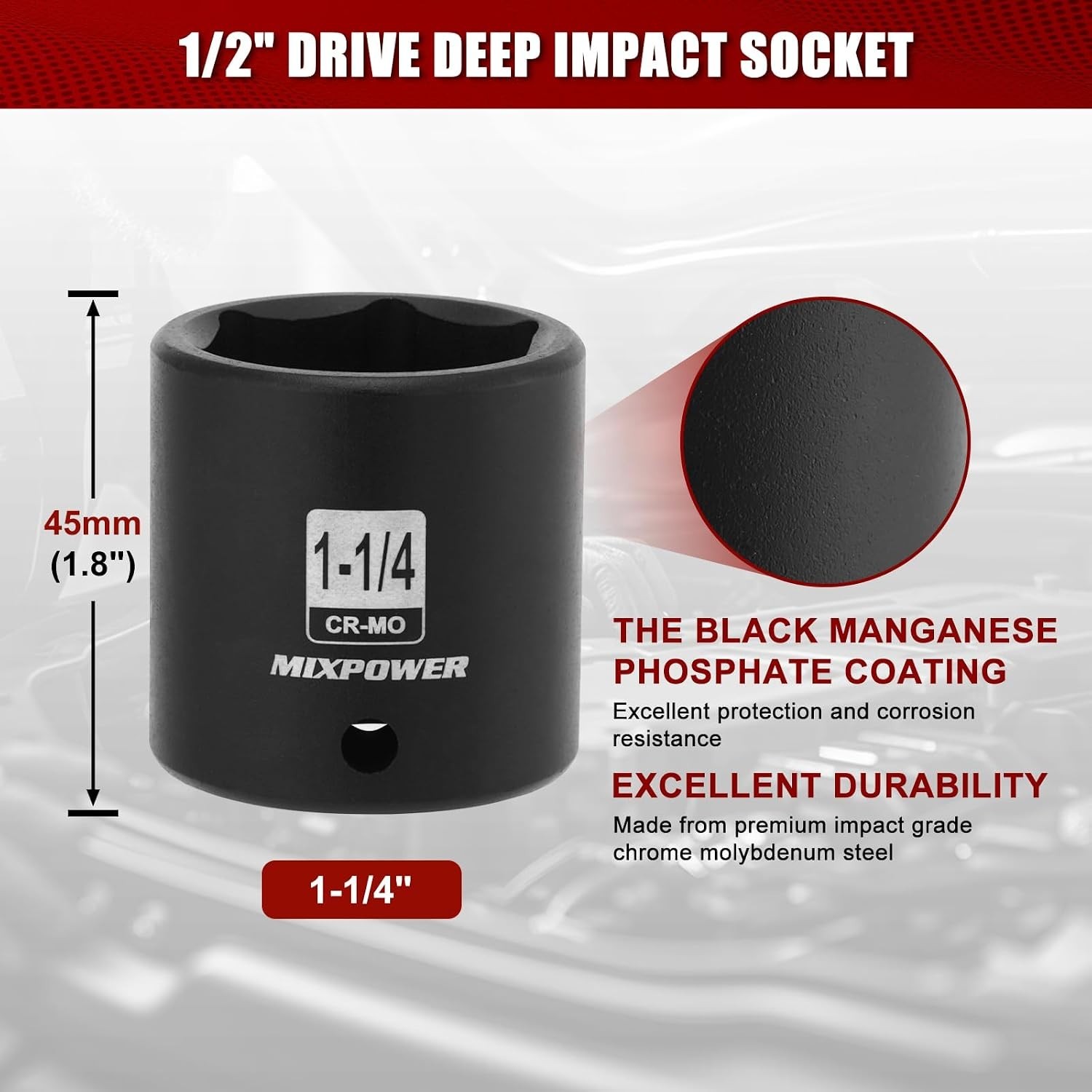 6 Point 1-1/4″ Axle Nut Impact Socket – 1/2″ Drive, High Torque, Polished Finish