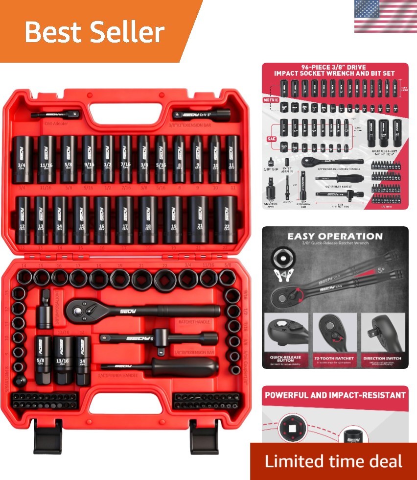 96-Piece 3/8″ Drive Impact Socket Set – SAE & Metric Durability for Mechanics