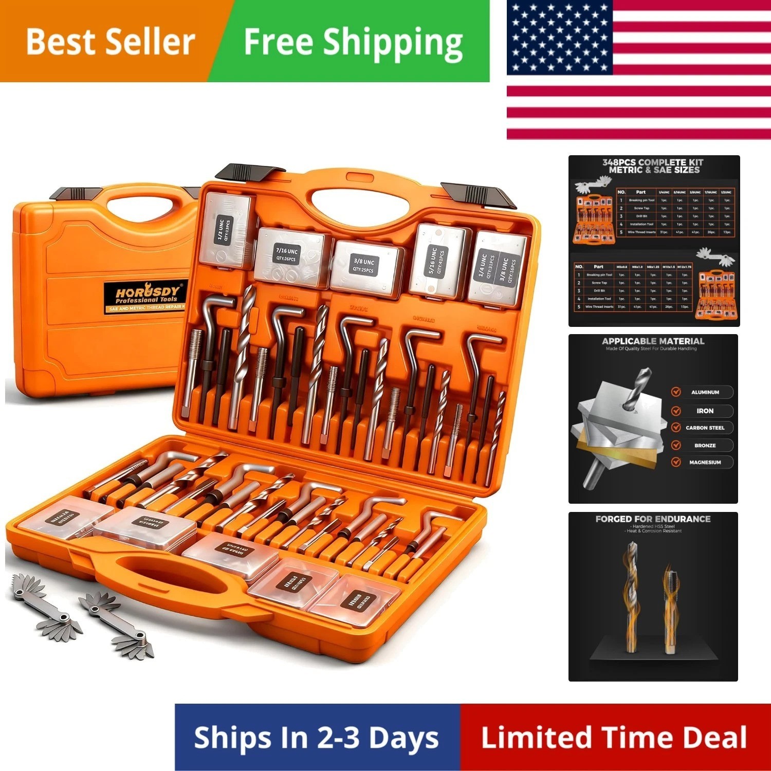 348-Piece Thread Repair Kit, Metric & SAE Helicoil Set with HSS Drill Bits, T…