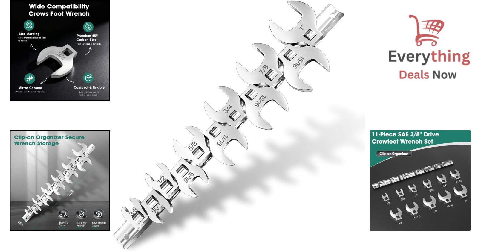 11-Piece Crows Foot Wrench Set SAE 3/8″ to 1″ 3/8-Drive Flare Nut Tool Organizer