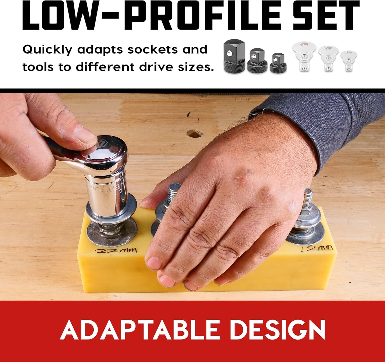 Wrench Wobble Adapter Set 6 Piece Low Profile Socket 1/4 3/8 1/2 Inch