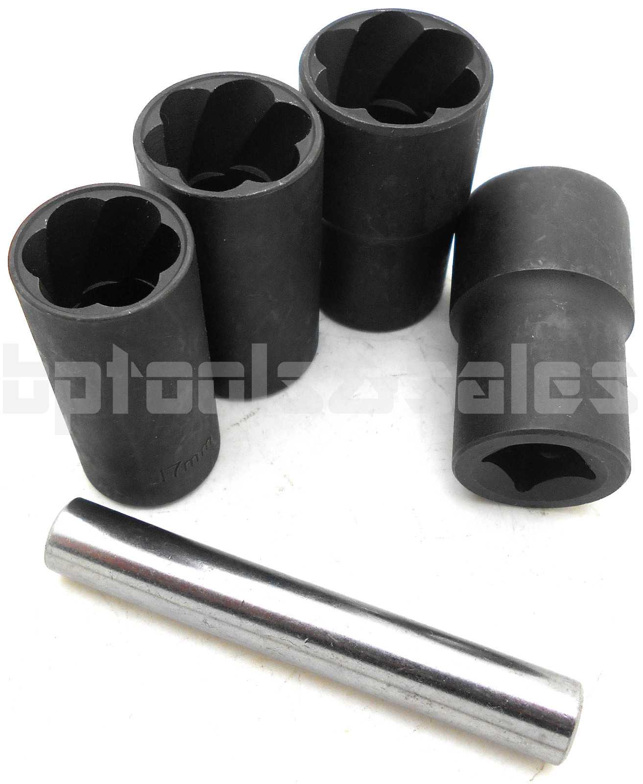 5pc Twist Socket Set 4 Damaged Worn Lug Nut and Lock Remover 17, 19, 21mm, 22mm