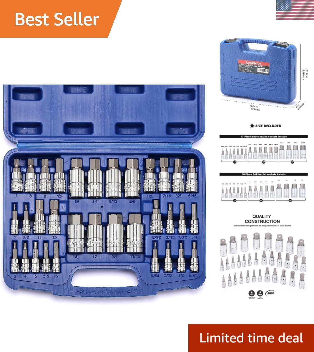 Durable 33-Piece Hex Bit Socket Set with S2 Steel, Rust Resistant and Organized