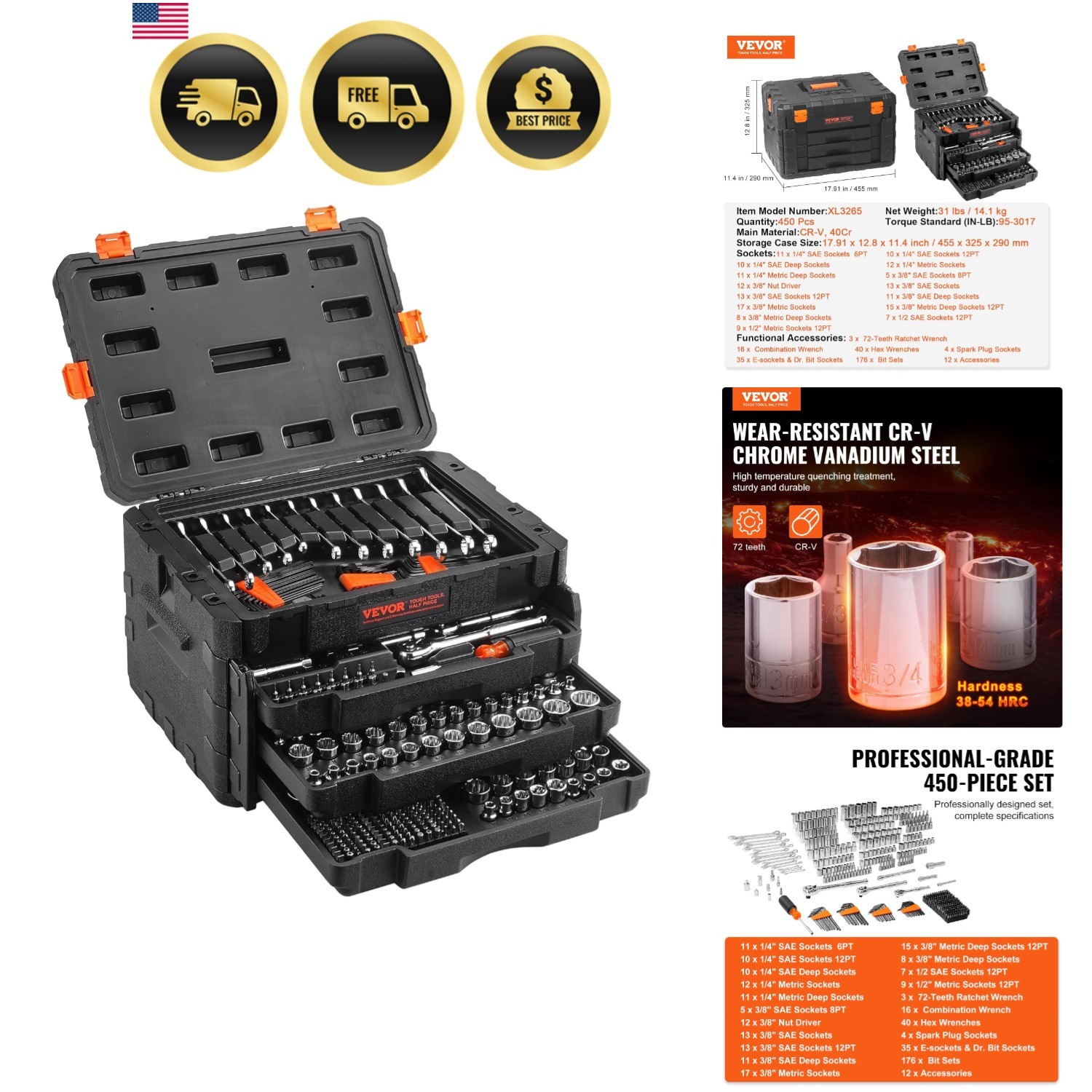 Mechanics Tool Set and Socket Set, 1/4″ 3/8″ 1/2″ Drive Deep and Standard Soc…