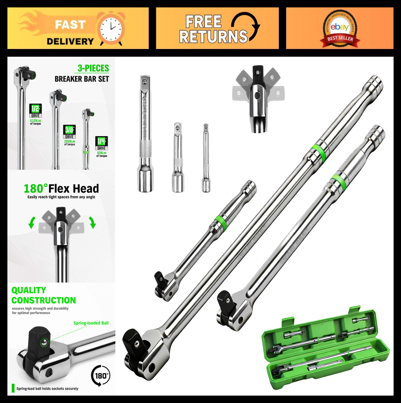 Premium 6-Piece Breaker Bar Set – Heavy Duty 1/4″, 3/8″, 1/2″ Drive, Rotatable H