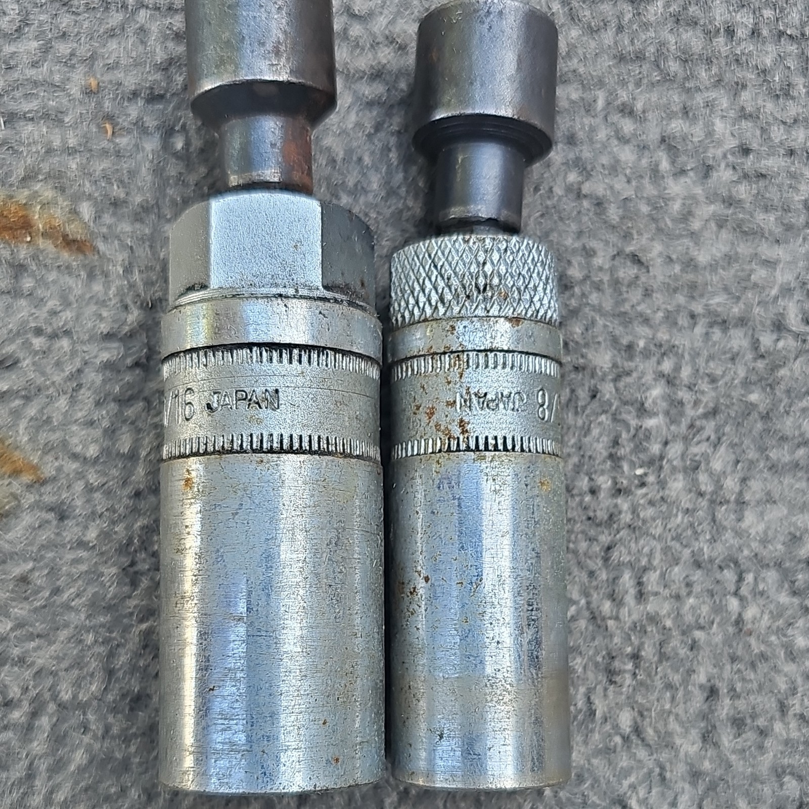 2 Sunex Brand Spark Plug Sockets, 5/8 And 13/16, 3/8 Drive Stamped JAPAN, used