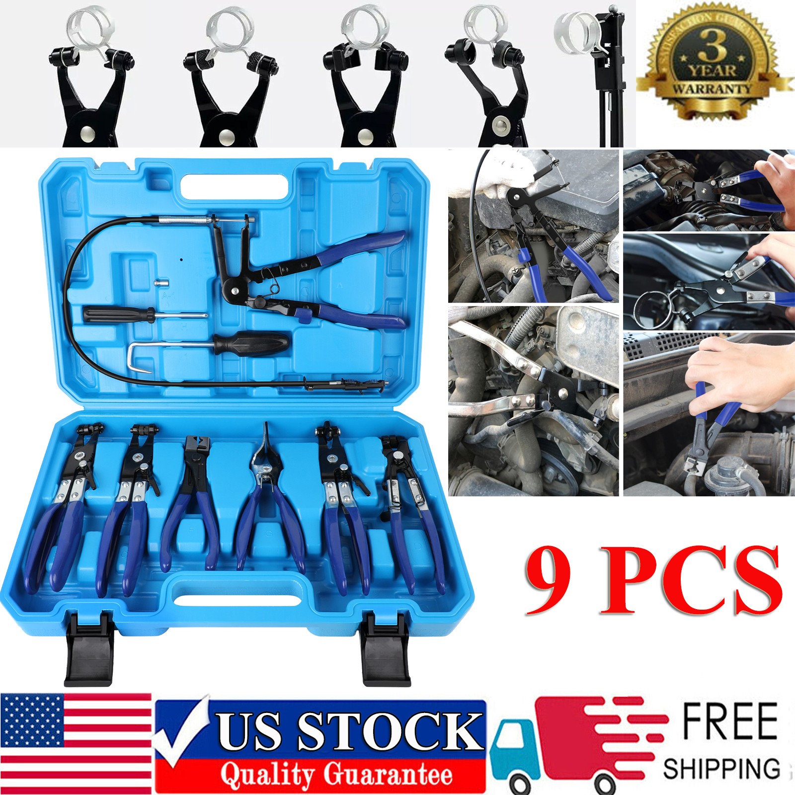 9Pcs Hose Clamp Clip Remover Pliers Wire Long Reach Kit Fuel Oil Water Hose Tool