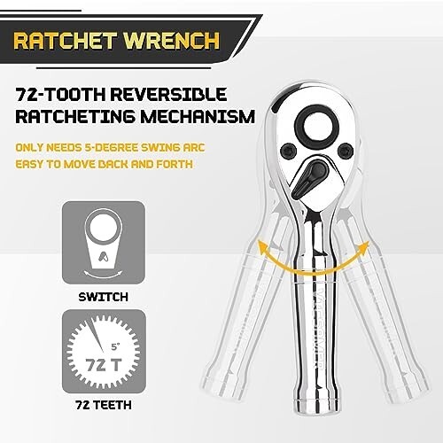 Stubby Ratchet Set 72-Tooth 3/8 Drive Ratchet Handle, Extension Bars Reversible