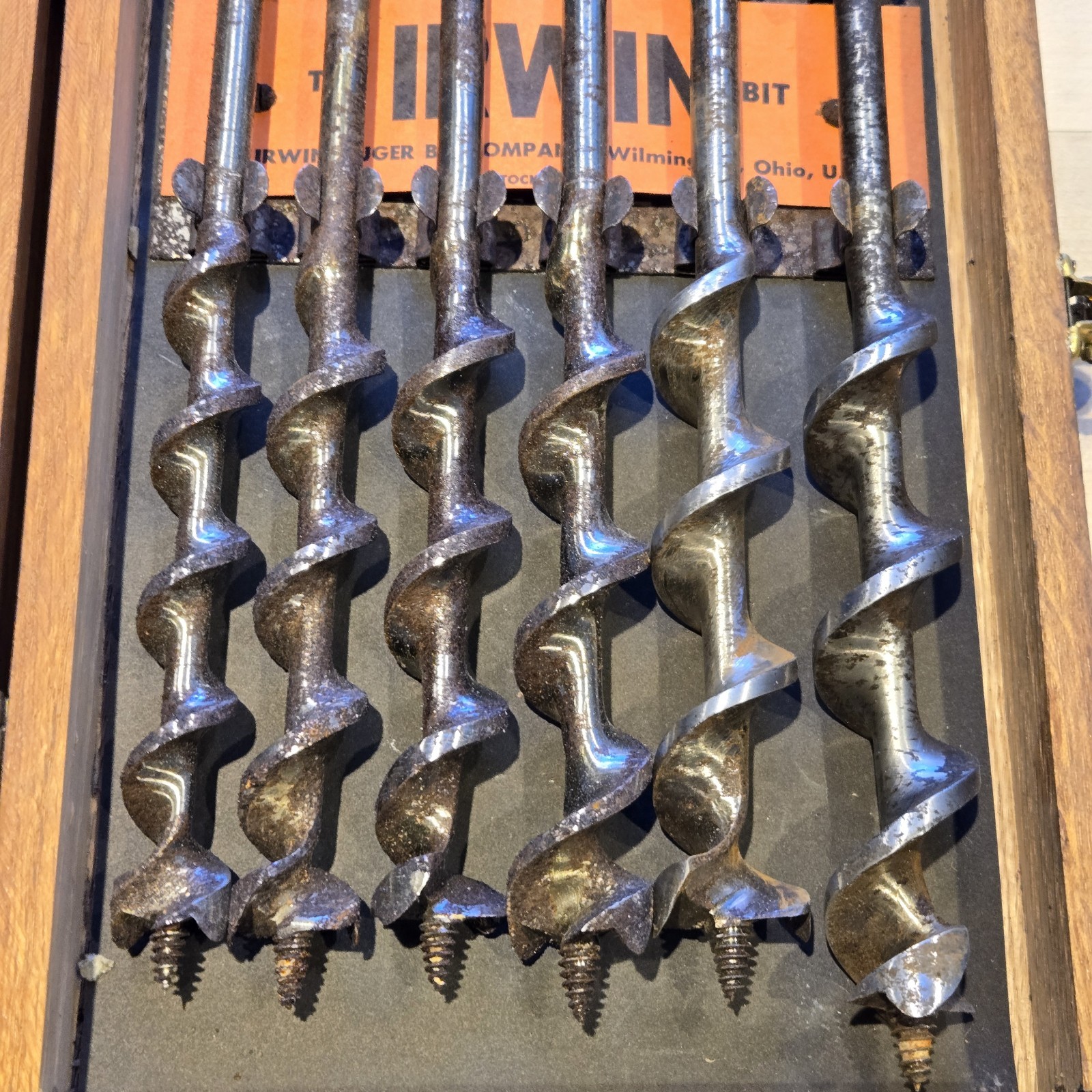IRWIN Auger Bit Set in Oak Box with Original Booklet