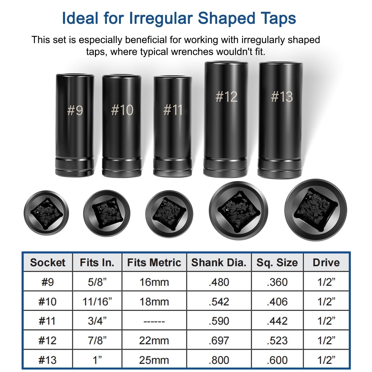 71670 Tap Socket Set Fits 5/8″, 11/16″, 3/4″, 7/8″ and 1″ Taps, 1/2″ Drive, 5PCS