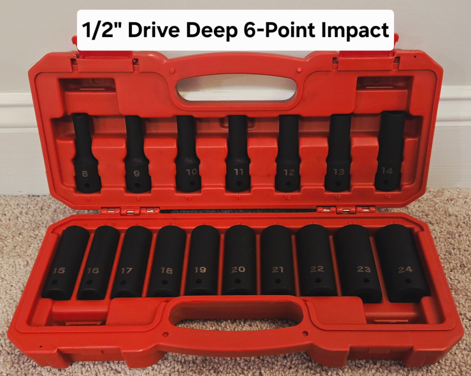 Tekton 1/2 Inch Drive Deep 6-pt Impact Socket Set, 17-Piece (8-24 mm) | SID92329