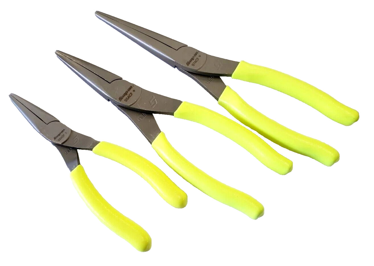 NEW Snap-on™ 3-pc Hi-Viz Yellow Soft Grip Needle Nose Pliers Lot Set 95ACF 96ACF