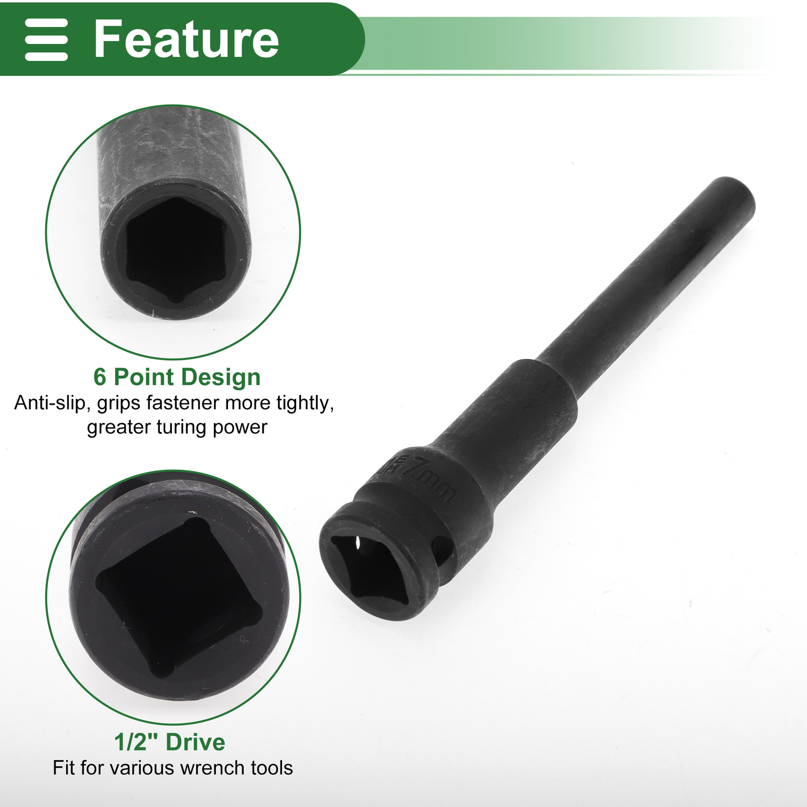 Universal 1/2 Inch Drive Impact Socket 7mm 6 Point Alloy Steel Black 1 Pcs