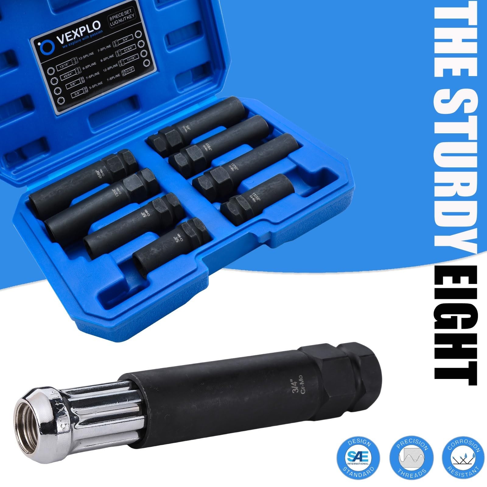 8-Piece Spline Lug Nut Socket Set | SAE & Metric Locking Key for Easy Removal, D