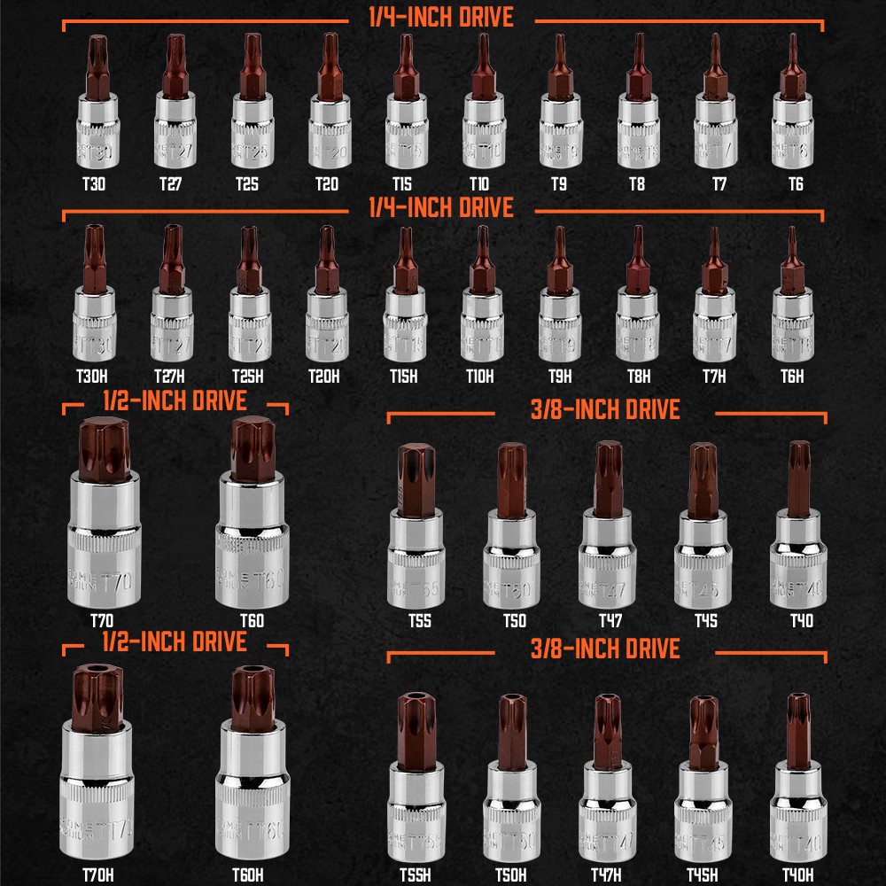 34Pcs Torx Bit Socket Set T6 – T70 Impact Star Bits S2 1/2″ 3/8″ 1/4″ Drive