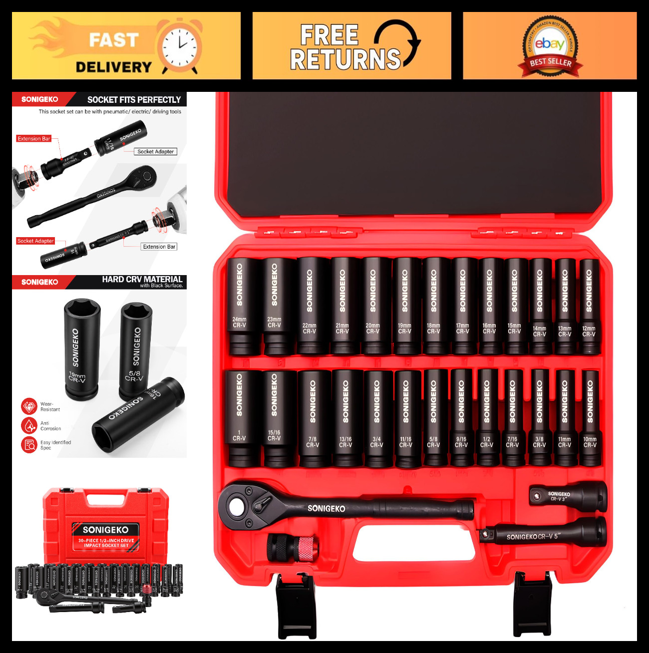 30-Piece 1/2″ Drive Impact Socket Set – Deep SAE & Metric CR-V Steel, Extensions