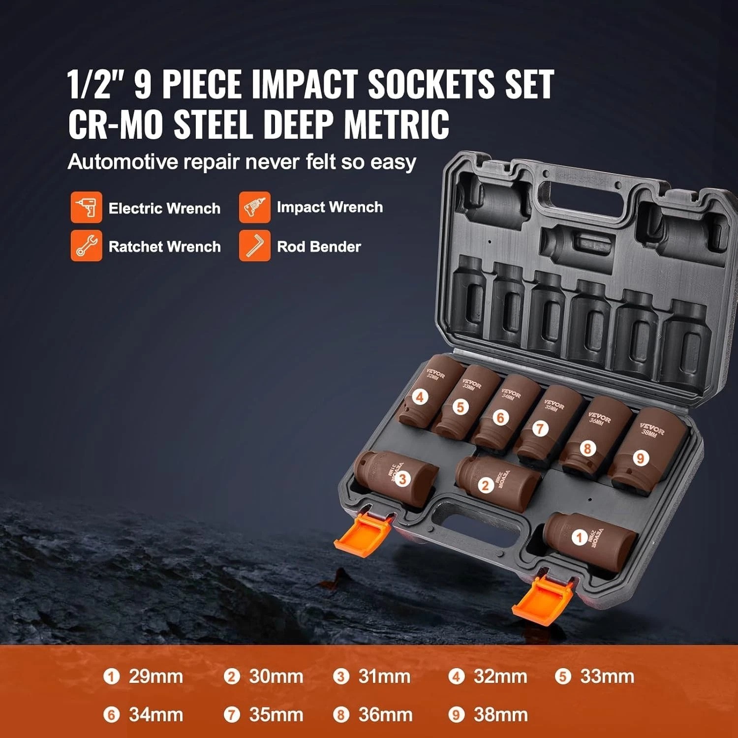 1/2″ Drive Impact Socket Set, 9 Piece Deep Socket Set Metric 29-38mm, 6 Point…