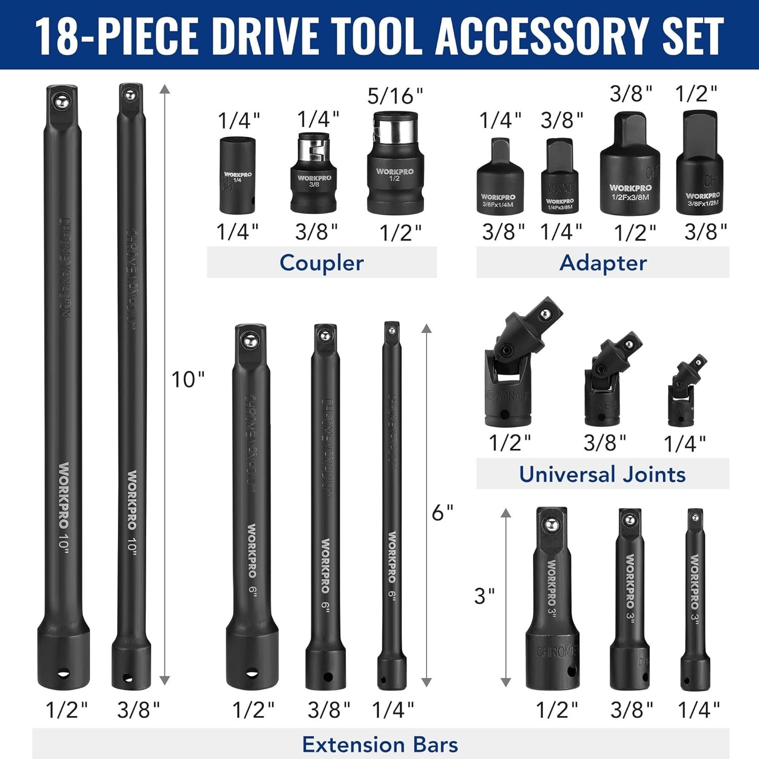 18-Piece Impact Socket Extension Set Chrome Vanadium Steel Durable Storage Case