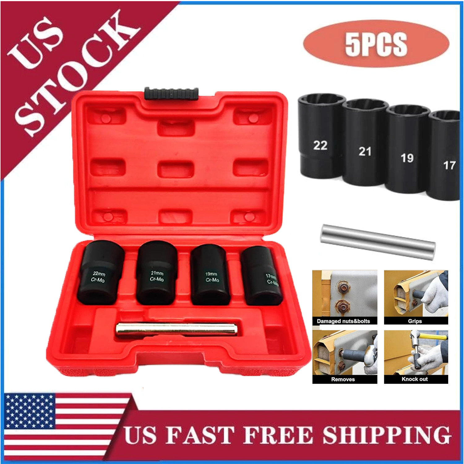 5Pc Wheel Lug Nut Remover 1/2″ Drive Twist Socket Kit Remove Damaged Locked Nut