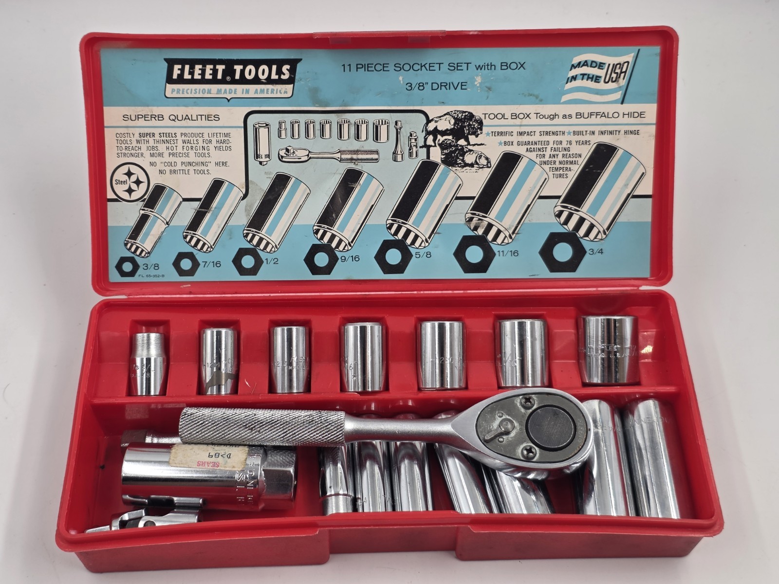 Vintage Fleet Tools By Proto 3/8″ SAE Socket Set 22 Piece Shallow & Deep Well