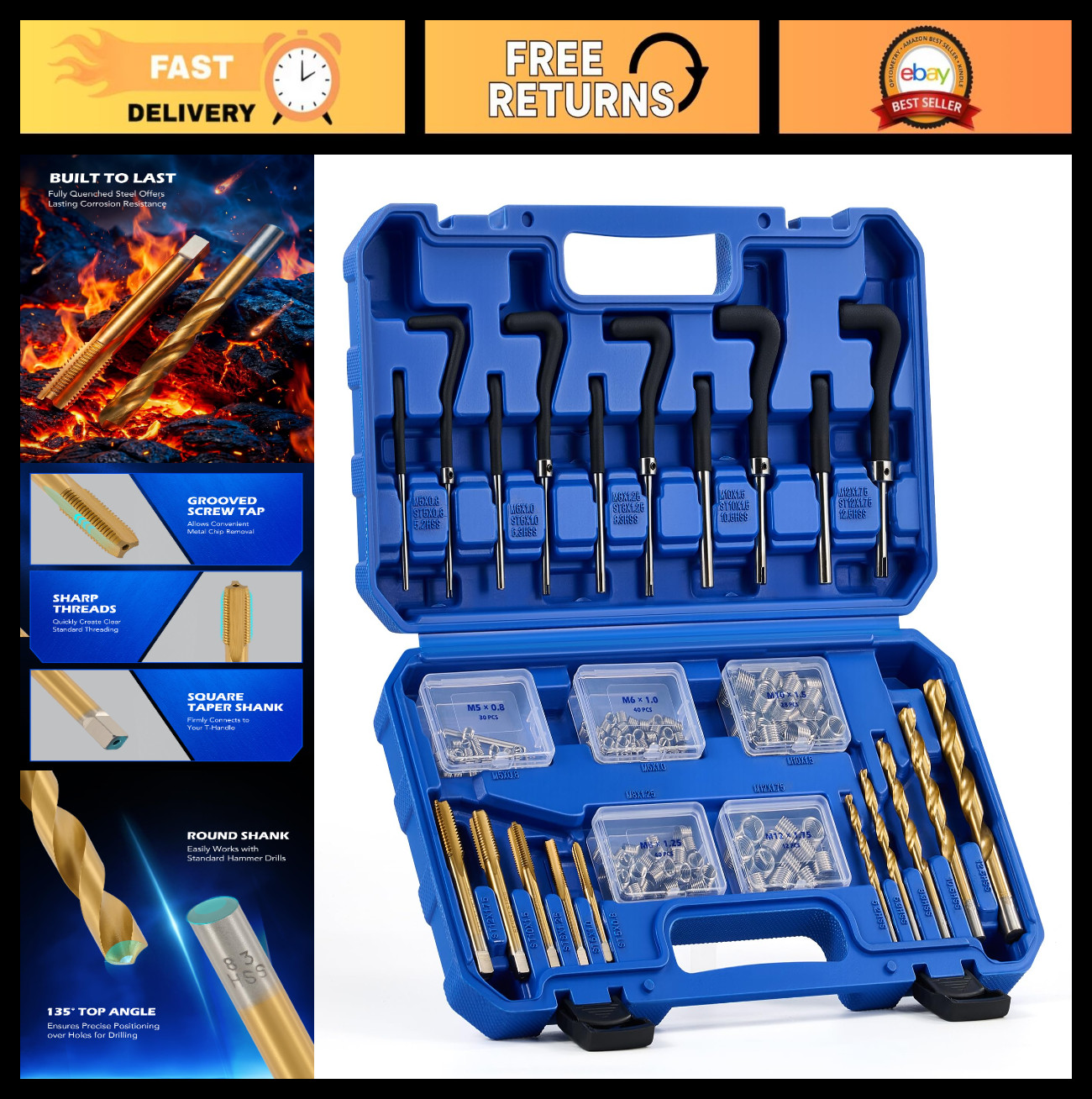 172pc Metric Thread Repair Kit – HSS Drill Bits, Taps, Inserts & Tools for Auto