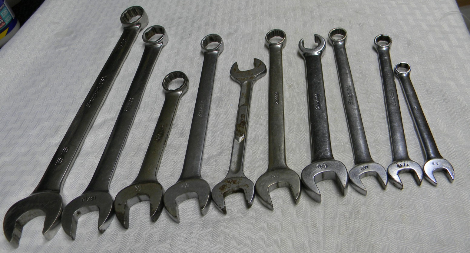 SNAP-ON 10PC LOT MIX MATCHED SAE 6/12PT OPEN-END/COMBINATION WRENCHES