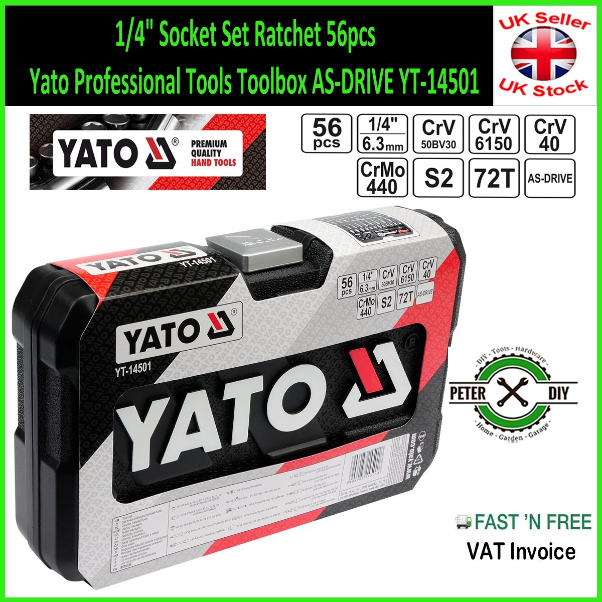 1/4″ Socket Set Ratchet 56pcs Yato Professional Tools Toolbox AS-DRIVE YT-14501