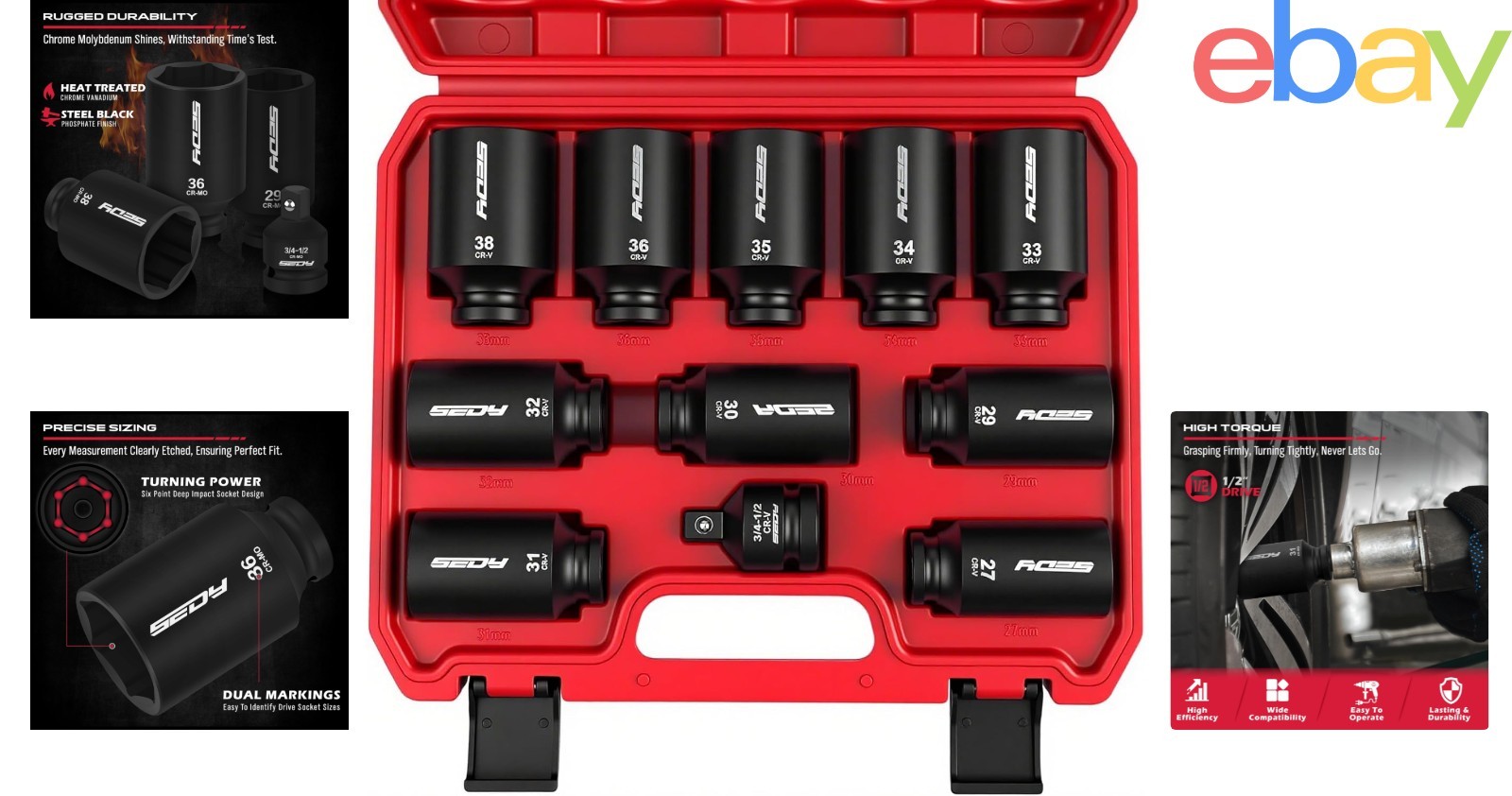 High Torque 1/2 Drive Metric Socket Set with Durable Chrome Molybdenum Steel
