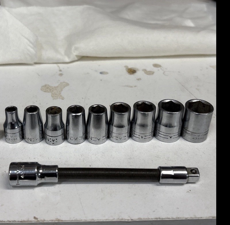 Vintage Craftsman 10pc. 6 Pt. 1/4 drive sockets 4” flex extension