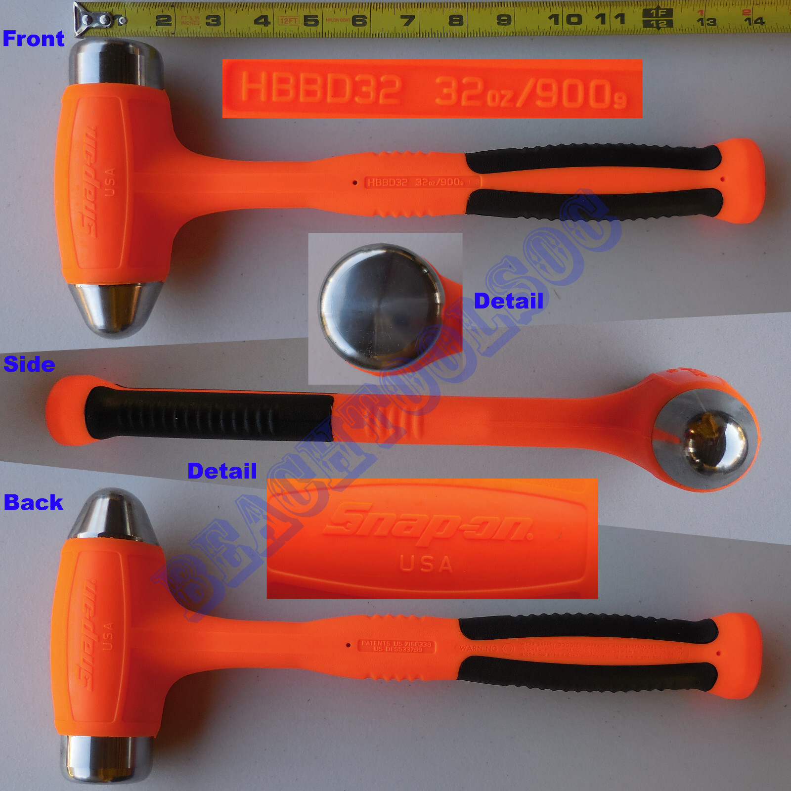 New Snap On Orange Dead Blow Ball Peen SoftGrip Hammer HBBD32 32oz
