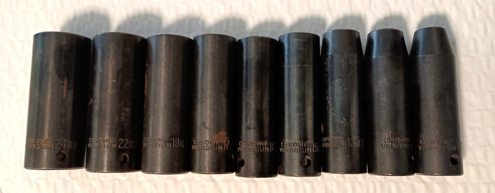 CHROME VANADIUM, 9 PC 1/2″ DR IMPACT SOCKET SET, 9 PCS. 10MM. to 24MM., 3″ DEEP