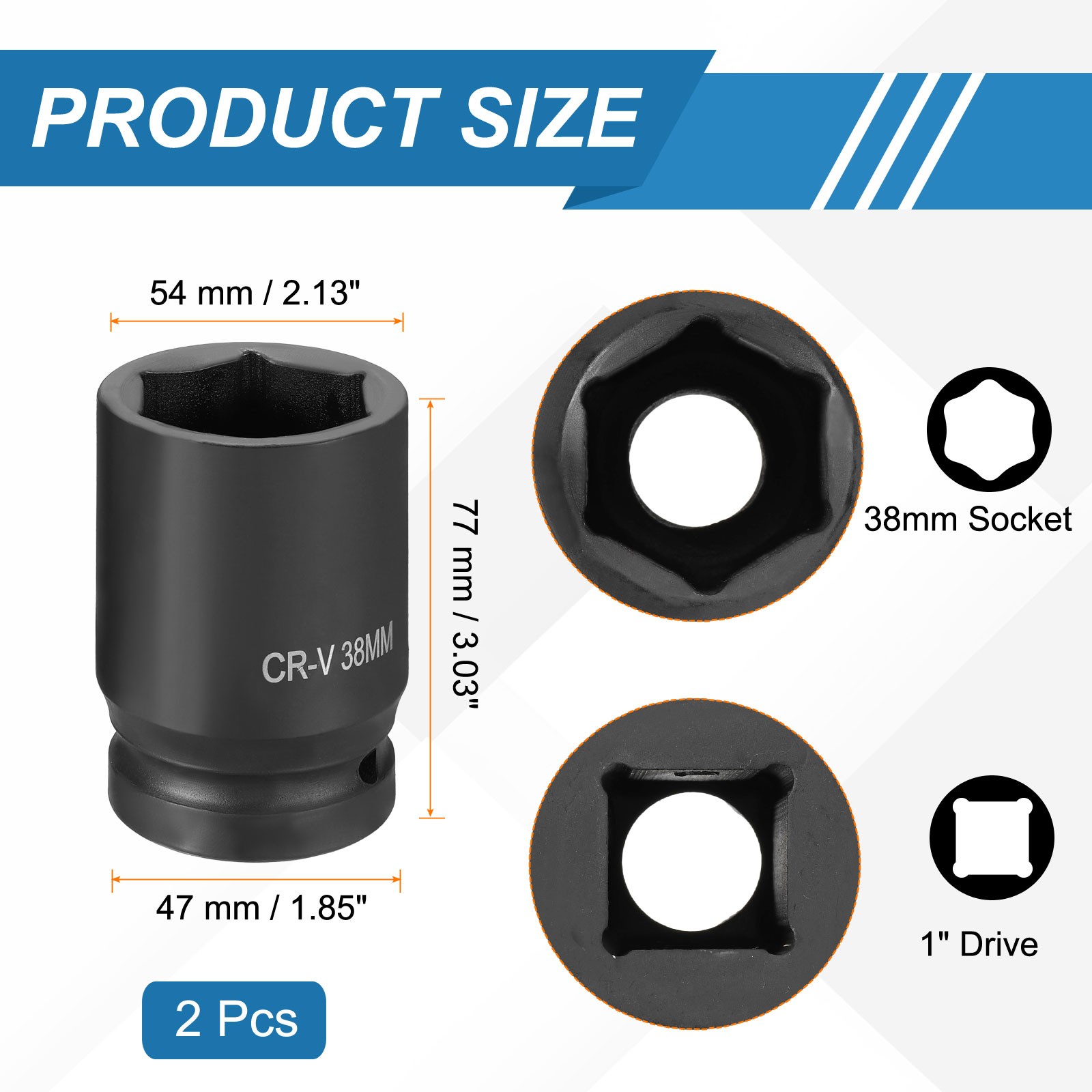 2pcs 1 Inch Drive 38mm 6 Point Impact Socket Chromium Vanadium Steel