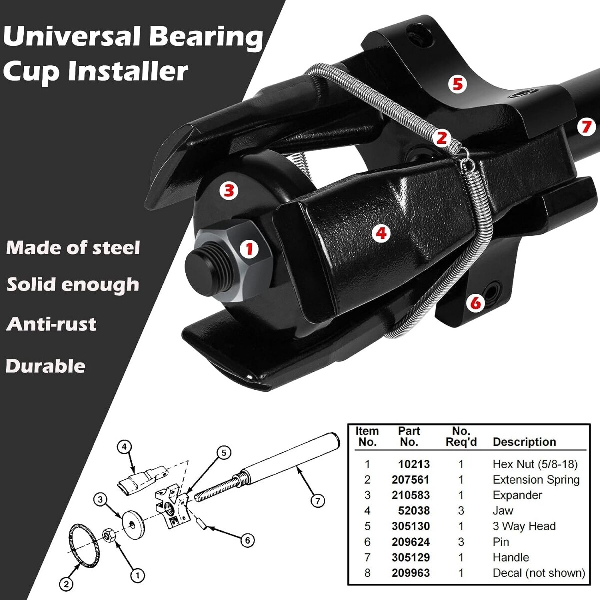 for 3 5/8″ to 6 1/2″ 11000 to 50000lb Axles Bearing Cup Remover & Installer 7180