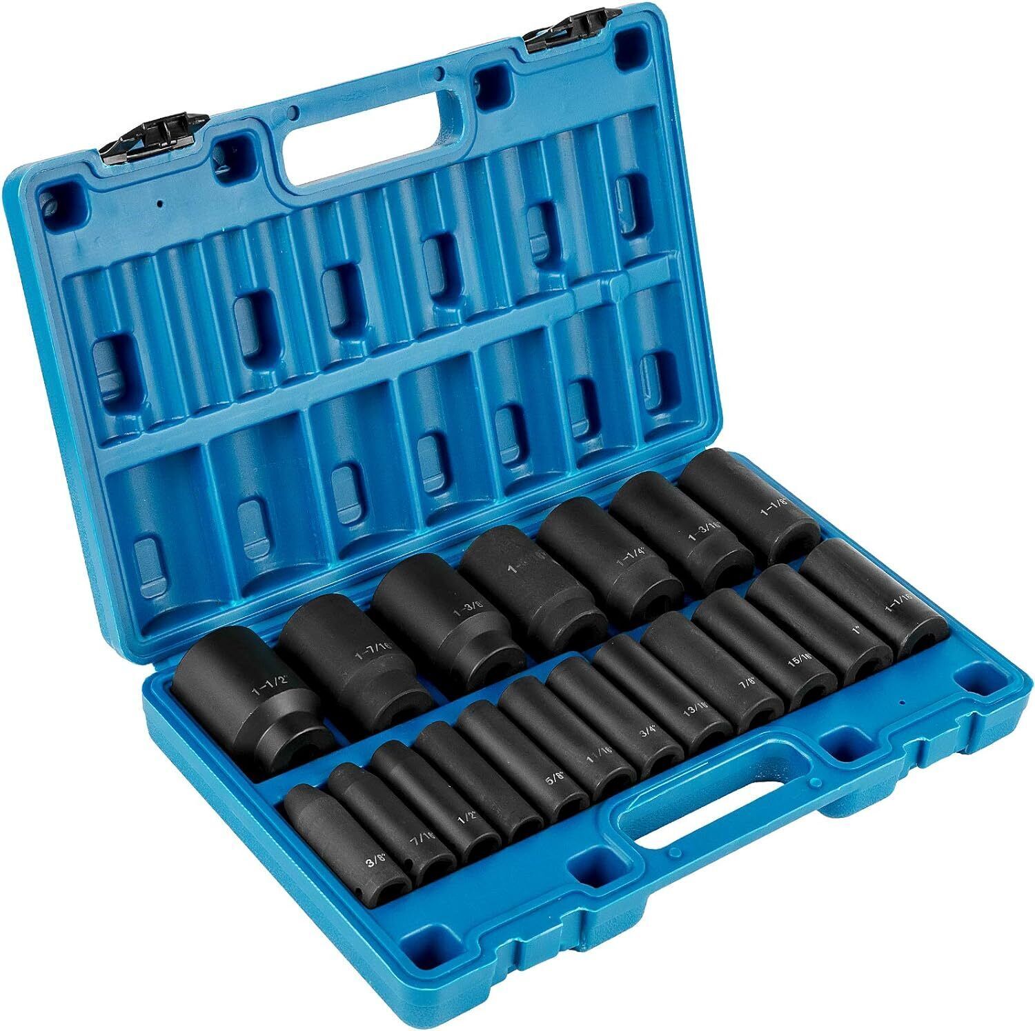 Impact Socket Set 1/2 Inches 19 PCS, 3/8» to 1-1/2» SAE 6-Point Hex Sockets