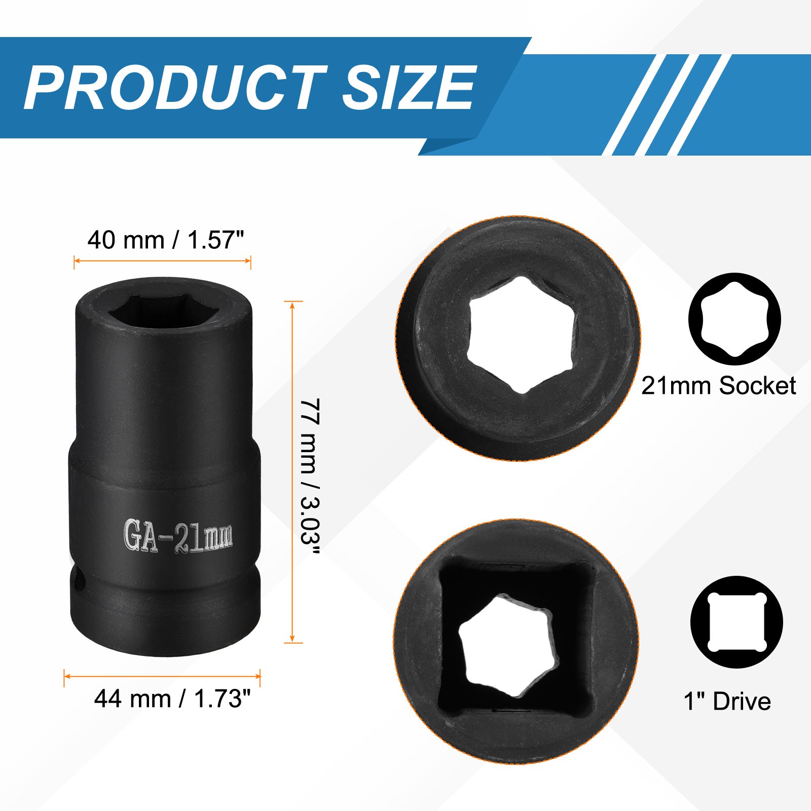 1 Inch Drive 21mm 6 Point Impact Socket Chromium Vanadium Steel