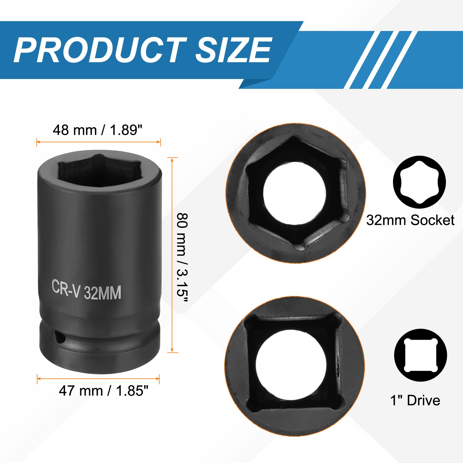 1 Inch Drive 32mm 6 Point Impact Socket Chromium Vanadium Steel