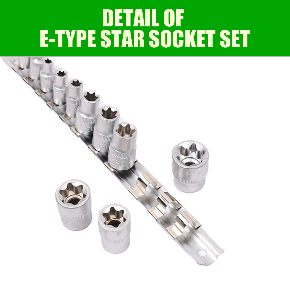11Pc Female E Torx Star Socket Set/Rail E4 – E20 External Star Torque Socket Set