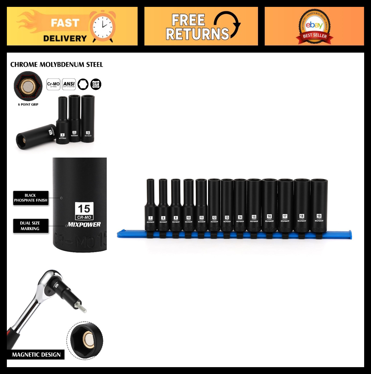 13-Piece 3/8″ Drive Deep Magnetic Impact Socket Set, 6 Point, 7-19mm, Metric, CR