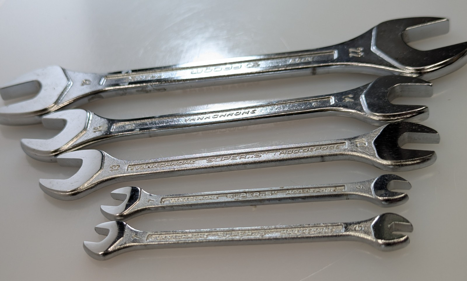 Five Facom France Open-end Metric Wrenches sizes: 19/22, 15/14, 13/10, 7/6, 7/5