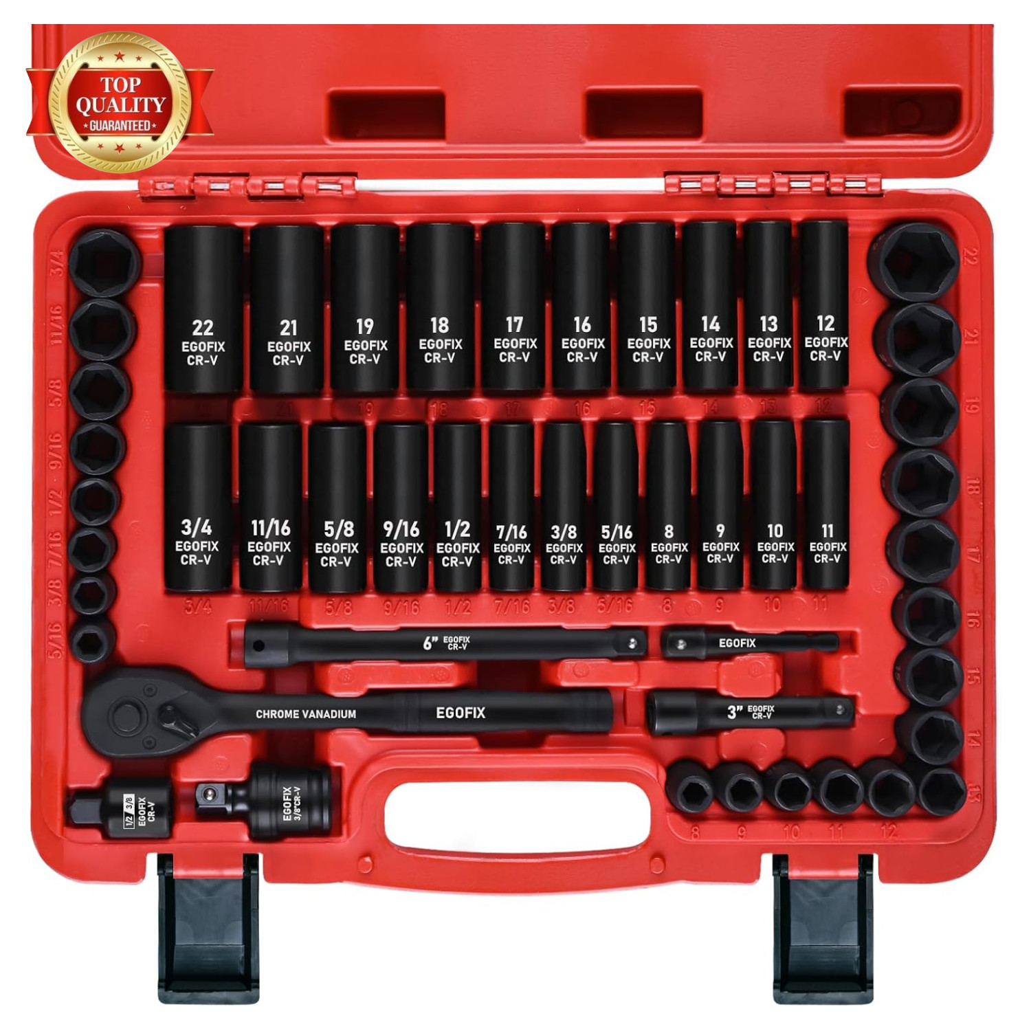 3/8″ Drive Impact Socket Set, 50 Piece Standard SAE (5/16 to 3/4 inch) & Metric