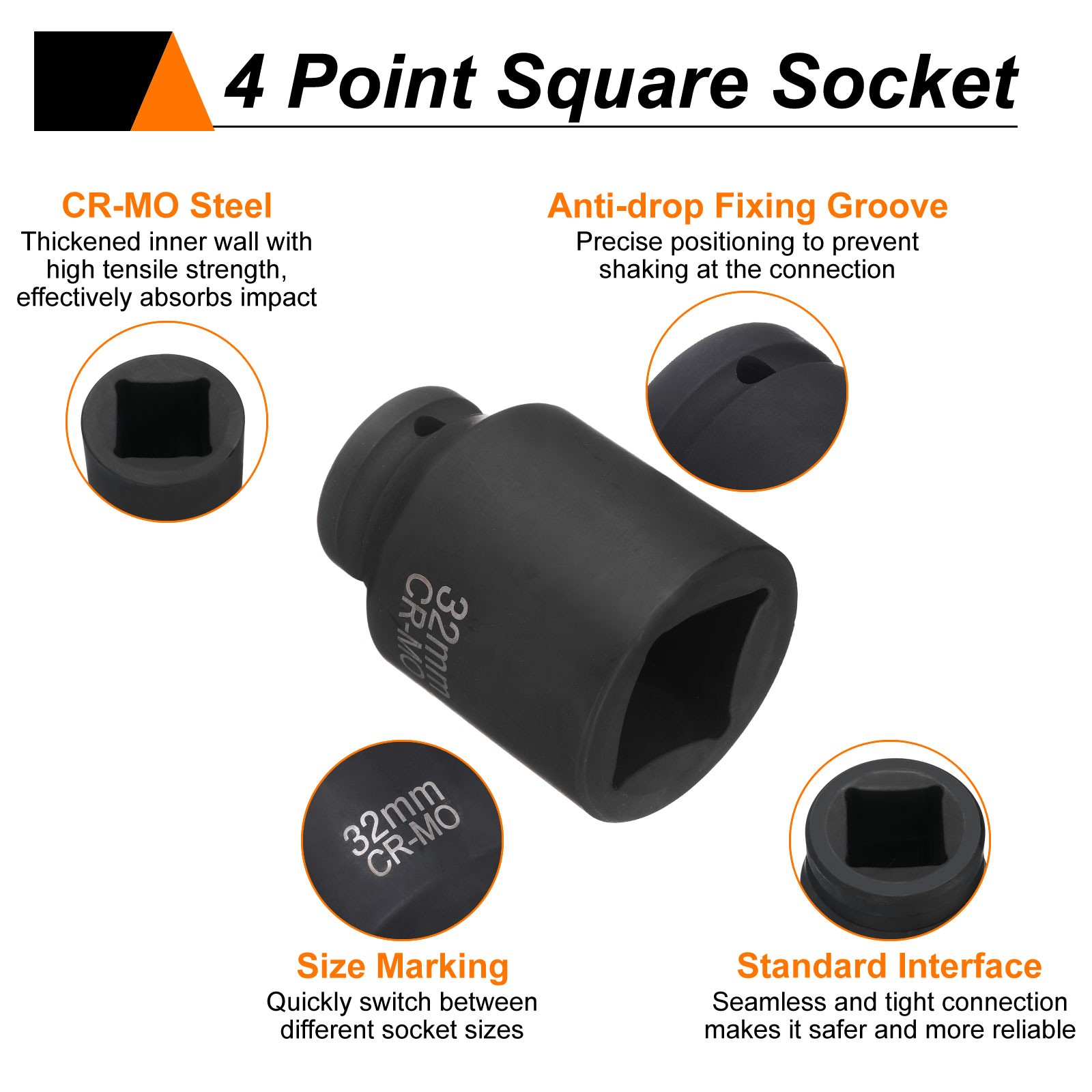 4 Point Square Socket 3/4″ Drive 32mm Metric CR-MO Square Impact Wheel Socket