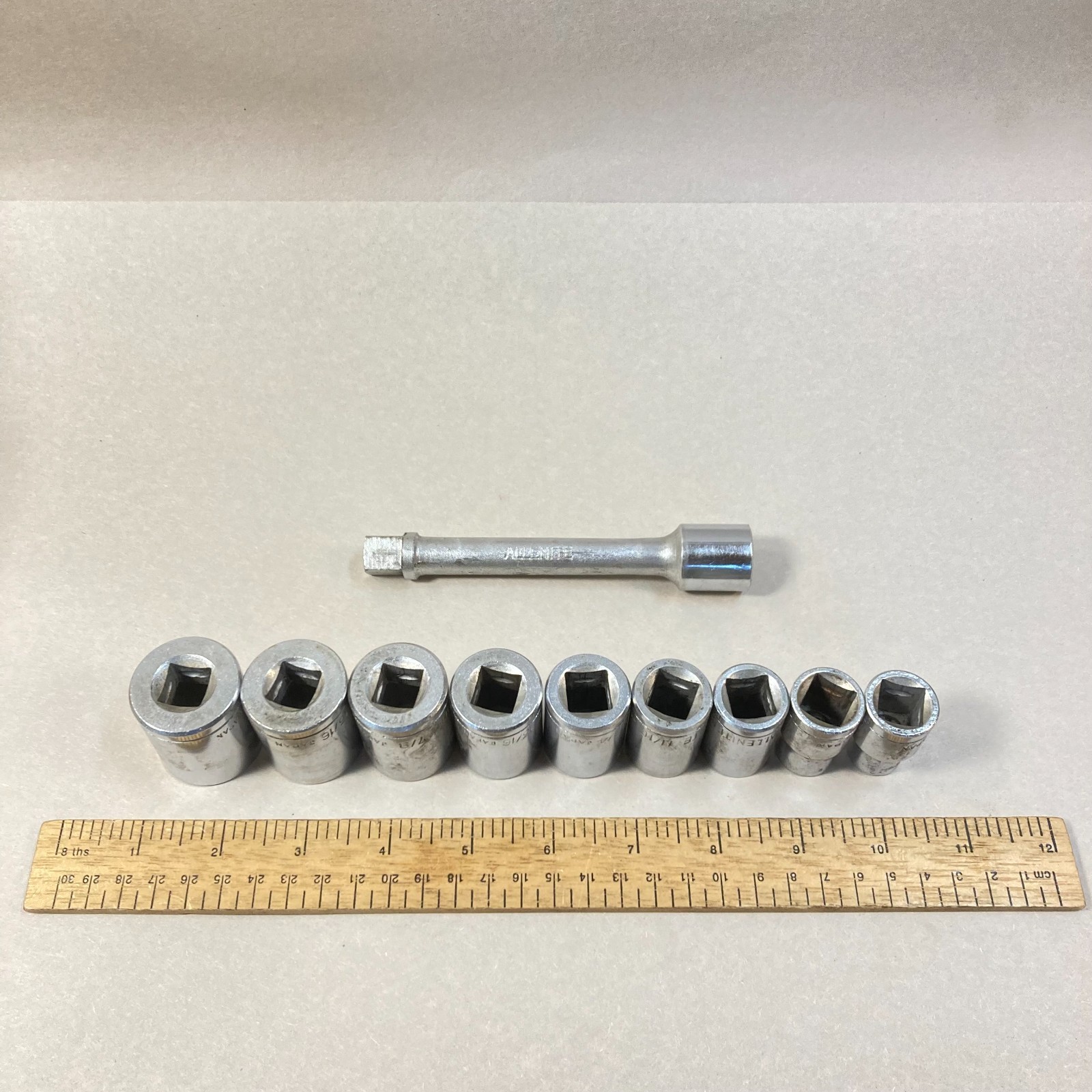 Vintage Allenite Socket Set 10 pc 12 Point 1/2″ Drive SAE 1″-7/16″ w/ Ext Japan