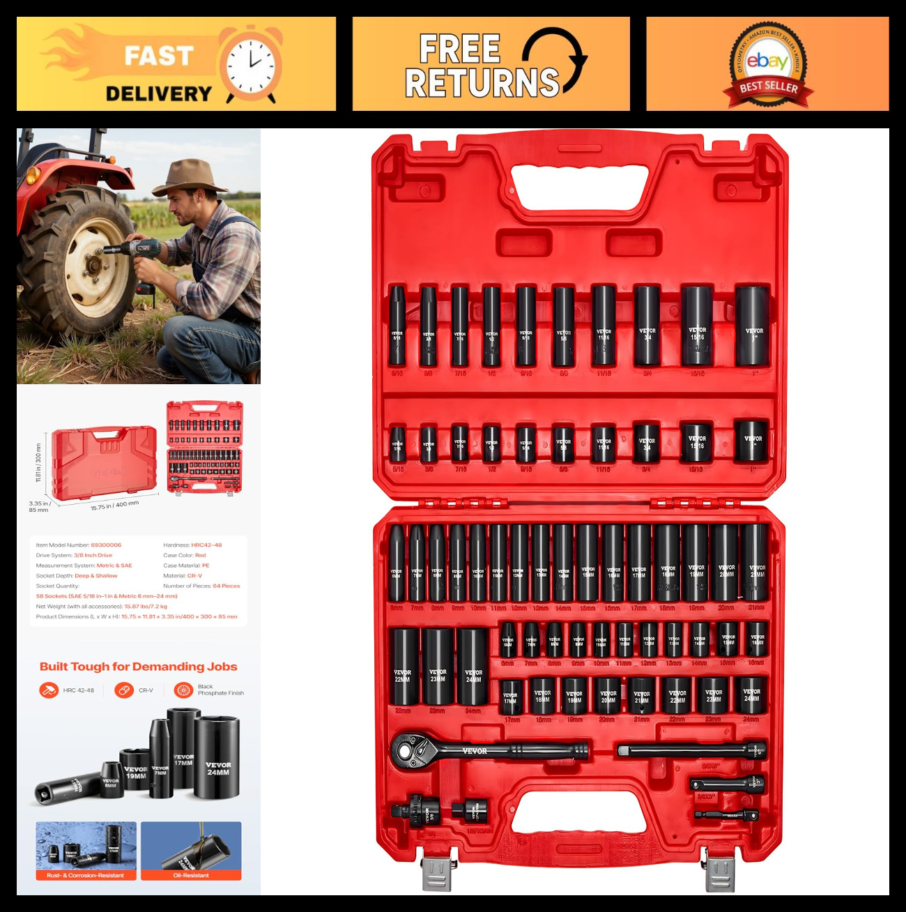 64-Piece 3/8″ Drive Impact Socket Set – SAE & Metric, Deep/Shallow, 6 Point, Rat