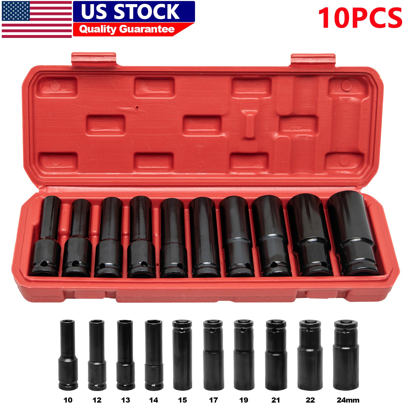 10pcs Metric Deep Impact Socket 1/2″ Drive 10mm-24mm 6 Point Sockets w/ Case-Set