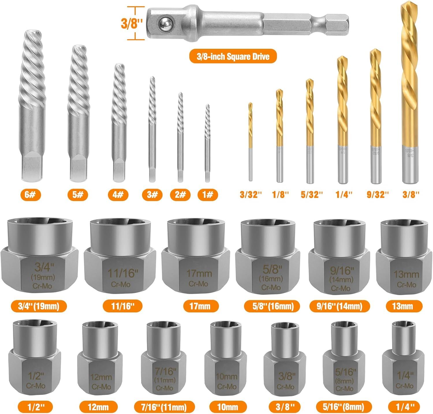 Eapele Bolt Extractor Set, Stripped Nut Remover Twist Sockets, Fit 3/8″ Square D