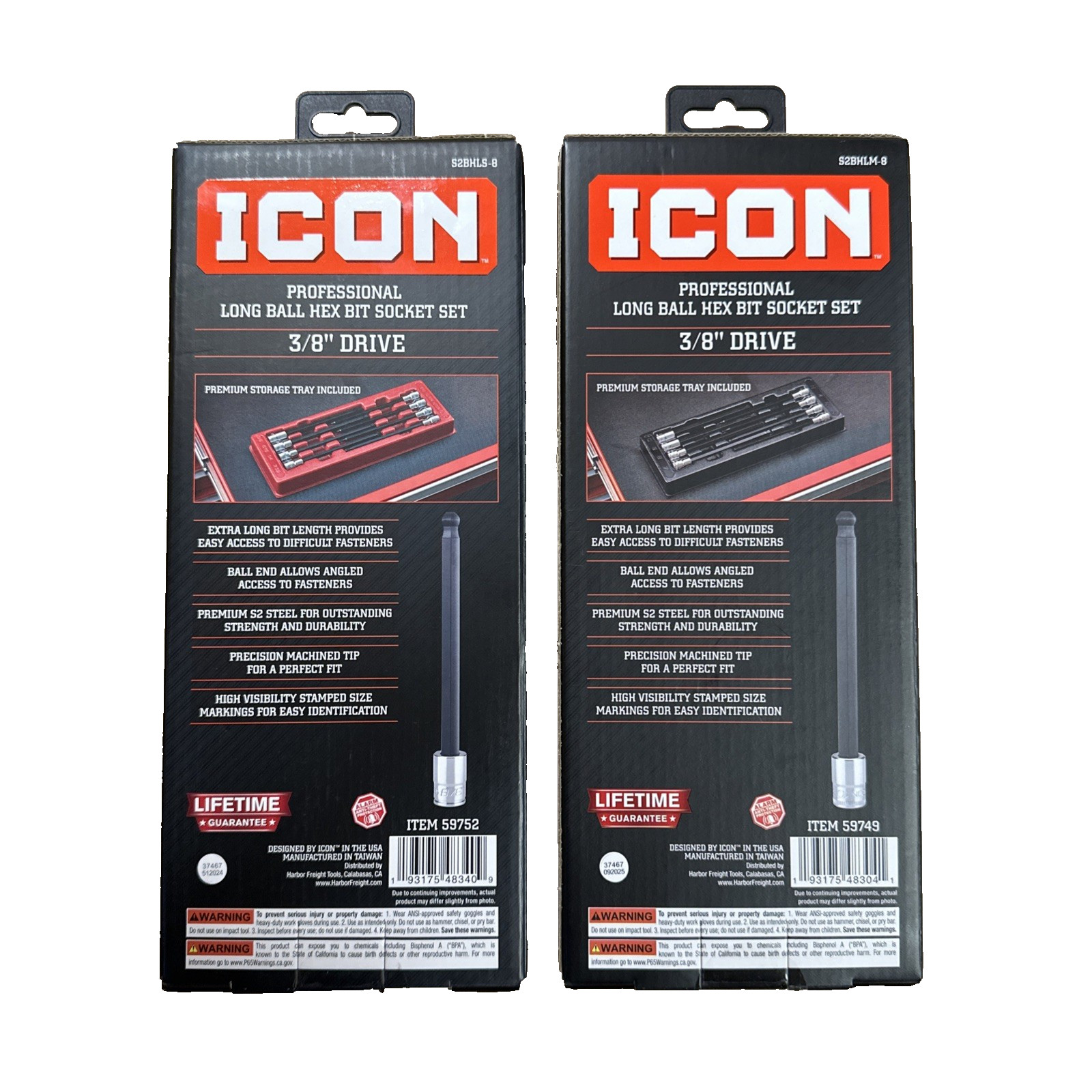 ICON 3/8 in. Drive SAE + METRIC Professional Long Ball Hex Bit Socket Set -2pk