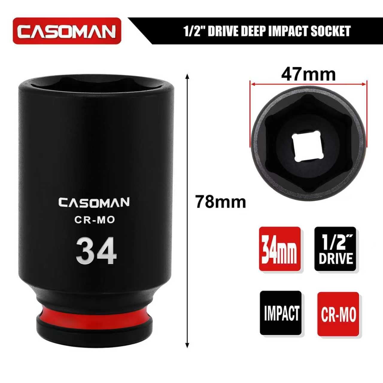 CASOMAN 1/2″ Drive x 34mm Deep Impact Socket, 6-Point, Metric, CR-MO